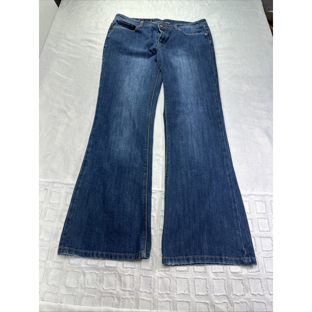 Tribal DeNime Camille Curvy Flare Leg Jeans Blue Medium Wash 31 12 Natural Waist